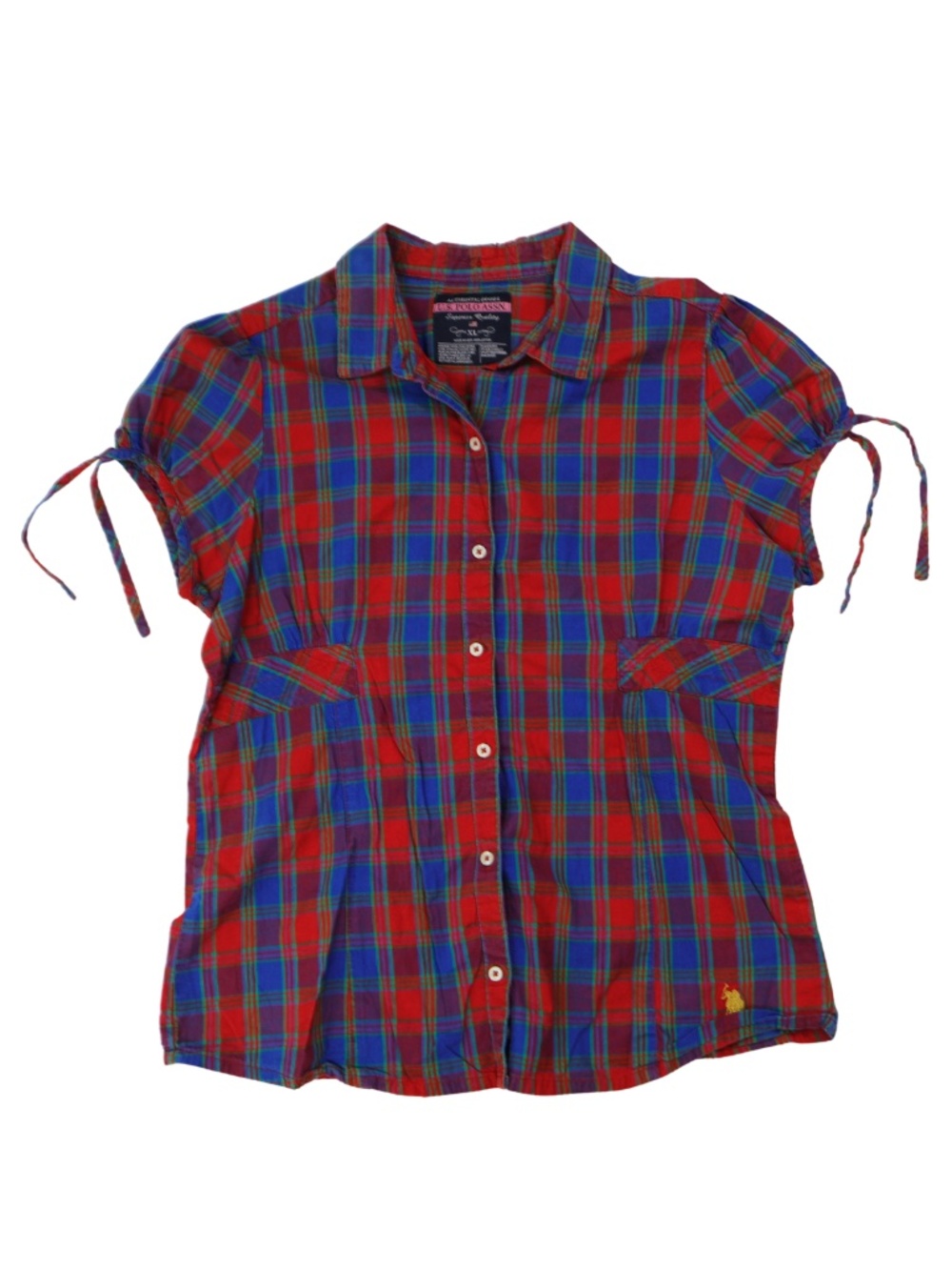 U.S. Polo Assn Red Blue Plaid Tie Sleeve Blouse XL